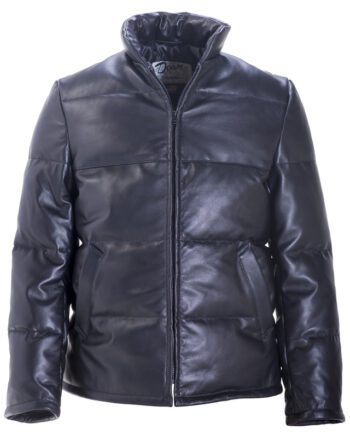 Down-Filled Black Leather Bubble Jacket with Zippered Pockets