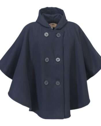 Unlined double-breasted cape with hood in black made of high-quality wool.