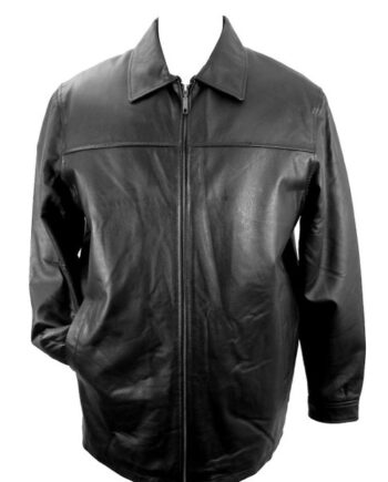 a black leather jacket with a collar, a buttoned front, and four pockets.