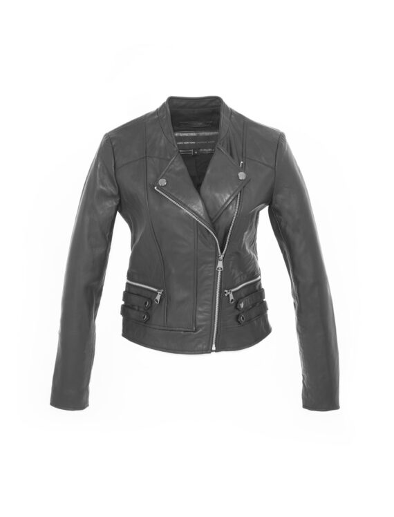 a black leather jacket with a zipper closure and silver hardware.