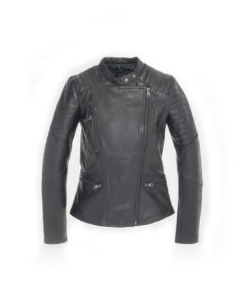 a black leather biker jacket with a notched collar and zippered pockets.