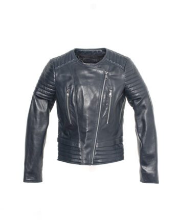 a black leather biker jacket with a hooded design and a spider web pattern.