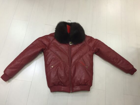 a burgundy leather jacket with a detachable fox fur collar, a zippered front, and four pockets.