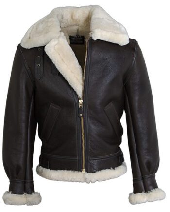 a brown sheepskin leather bomber jacket with a shearling collar, cuffs, and hem, a zipper, and a US flag patch on the sleeve.