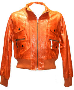 Orange Leather Jacket with Zipper on Arm for Women