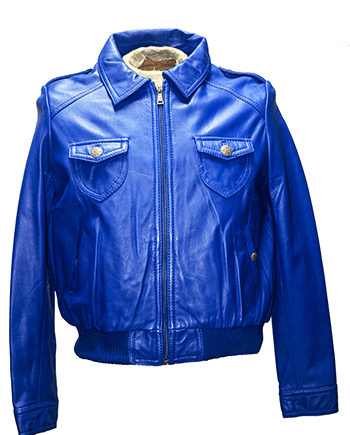 a blue leather jacket with a classic collar and a front zipper closure. The cuffs of the jacket are ribbed.