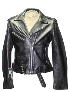 a black lambskin leather jacket with a classic collar and a front zipper closure