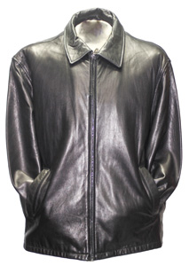 black leather jacket with a classic collar and a front zipper closure. The cuffs of the jacket are ribbed.