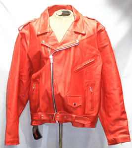 leather jacket with a classic collar and a front zipper closure. The cuffs of the jacket are also zippered.