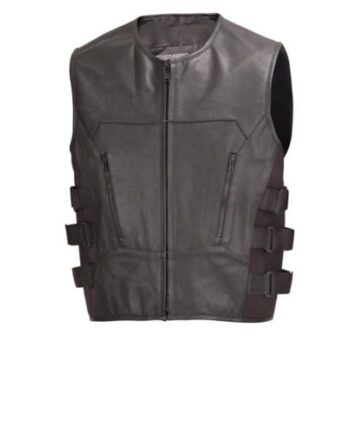 A black leather vest with a padded design, quilted stitching, a zippered front, two zippered pockets, and a polyester lining.