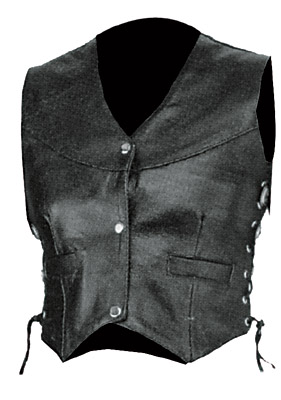 A black leather vest with a V-neck, four snap buttons, two front pockets, and side laces.