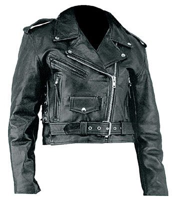 a black lambskin leather jacket with a notch collar, a button front, and two flap pockets.