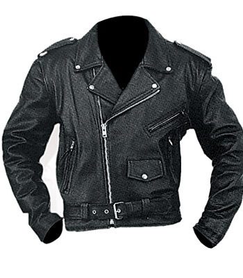 A man wearing a black MC Men Biker Leather Jacket with a snap-tab collar, zippered cuffs, and quilted shoulder patch.