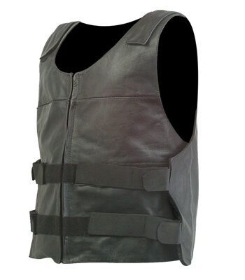 a black leather vest with a bullet proof style design, a front zipper closure, a stand-up collar, two chest pockets, and an adjustable Velcro strap.