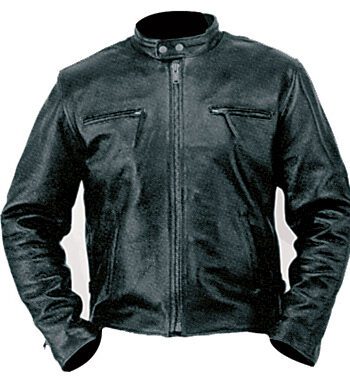 A black leather jacket with a casual racer design, a mandarin collar, a zippered front, and two zippered pockets.