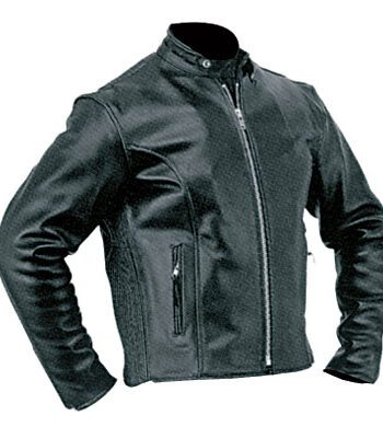 A black leather jacket with a casual racer design, a mandarin collar, a zippered front, and two zippered pockets.