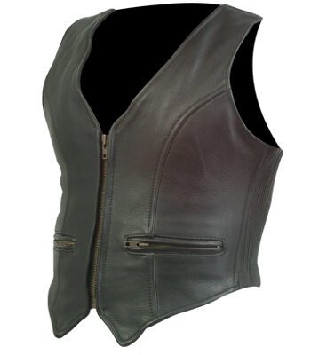 A black leather vest with a V-neck, four snap buttons, two front pockets, and side laces. The vest is worn over a white shirt and has a logo of a skull and crossbones on the left chest.