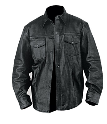 A product image of a black men’s lambskin leather shirt with a collar, buttons, pockets, and long sleeves.