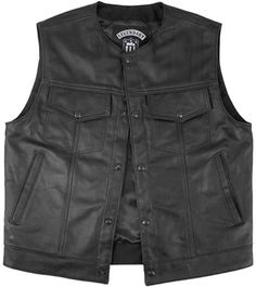 A black leather vest with a V-neck, four snap buttons, two front pockets, and side laces. The vest has a logo of IK leather on the left chest and a large panel back.