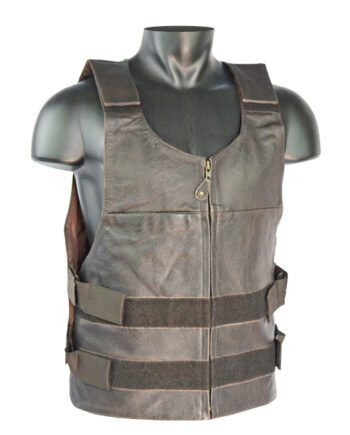 a black leather vest with a bullet proof style design, a front zipper closure, a stand-up collar, two chest pockets, and an adjustable Velcro strap.