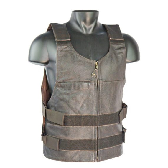 a black leather vest with a bullet proof style design, a front zipper closure, a stand-up collar, two chest pockets, and an adjustable Velcro strap.