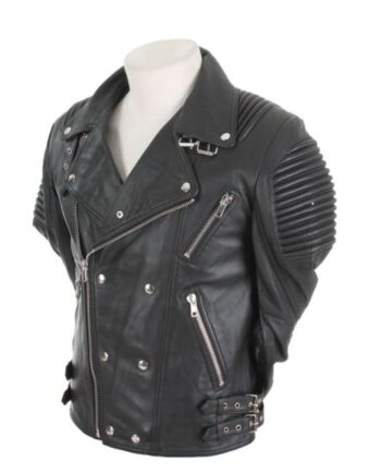 A man wearing a black leather moto jacket with a snap collar and a zipper closure.