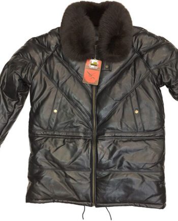 A man wearing a vintage black leather bomber jacket with a fox fur collar and a zipper closure.
