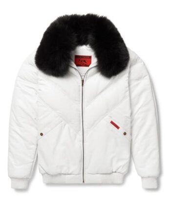 a goose country v bomber white leather jacket with a zippered front closure and pockets.