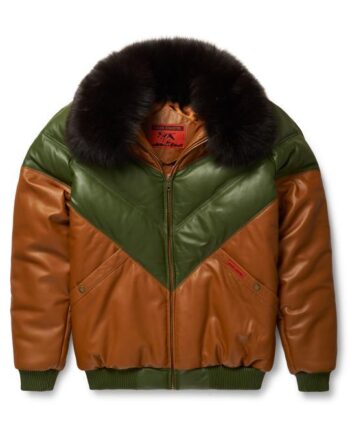 a goose country v bomber two tone brown green leather jacket with a zippered front closure and pockets.