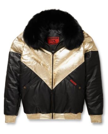 A man wearing a goose country v bomber two tone black gold leather jacket with a zippered front closure and pockets.