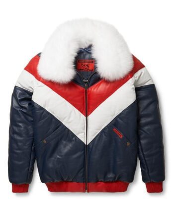 A man wearing a goose country v bomber two tone red white blue leather jacket with a zippered front closure and pockets.
