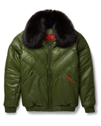A goose country v bomber olive leather jacket with a zippered front closure and pockets.