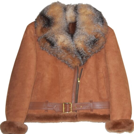 a tan short sheepskin coat with a detachable crystal fox fur collar and a belt.