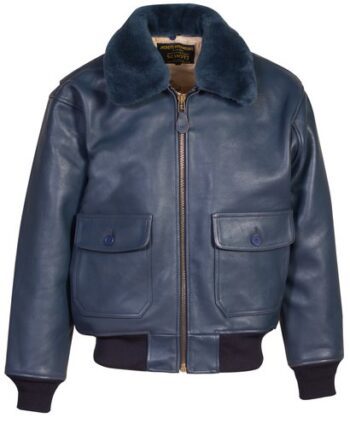 A blue leather jacket with a fur collar and embroidered patches on the chest and sleeves.
