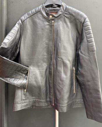 A black leather jacket with a stand collar and a zip front closure.