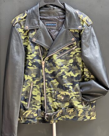 A close-up of a leather jacket with a camouflage pattern on the front and back.