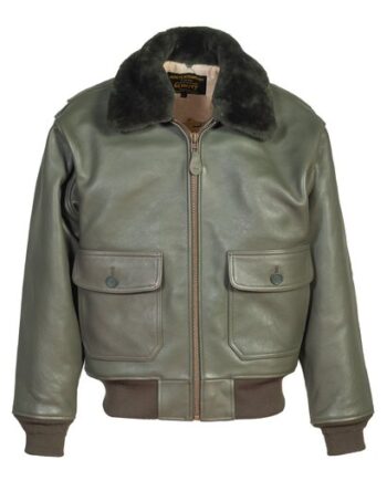 A green leather jacket with a fur collar and embroidered patches on the chest and sleeves.