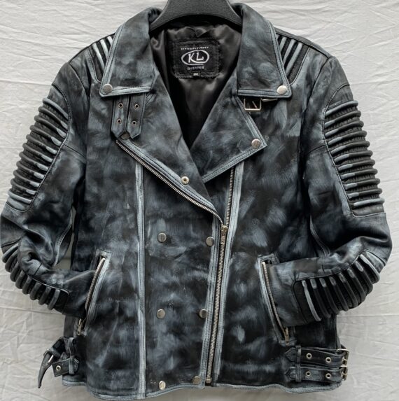 A black waxed biker jacket with a zippered front, a stand-up collar, and four pockets