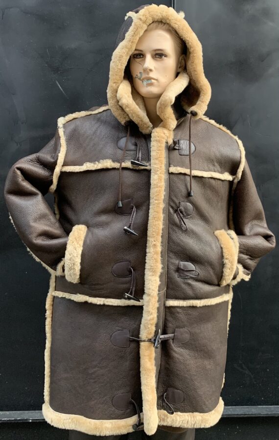 a brown shearling parker with a zippered front, a hood, and two pockets