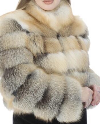A woman wearing a gold frost fox fur jacket with a zipper and pockets.