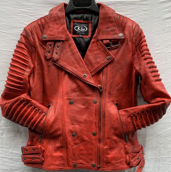 waxed biker jacket with a zippered front, a snap collar, and two pockets