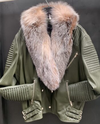 green ribbles leather jacket with a crystal fox fur collar