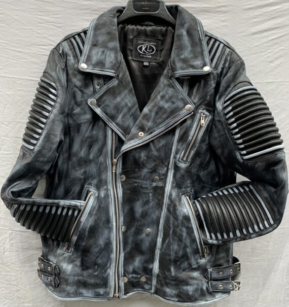 A black waxed leather jacket with a zip front, shoulder pads, and a detachable hood.