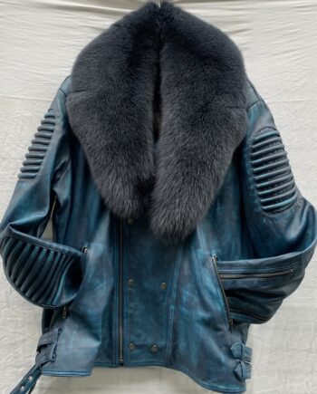 Waxed leather jacket with a blue fox fur collar, a zip front, and shoulder pads. The jacket is black and has a shiny finish.