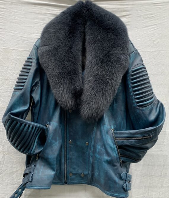 Waxed leather jacket with a blue fox fur collar, a zip front, and shoulder pads. The jacket is black and has a shiny finish.