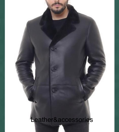 A photo of a full-length coat made of Bradley Spanish Merino shearling sheepskin, with a notched collar, button closure, and slash pockets. The coat is black and has a smooth and shiny surface.
