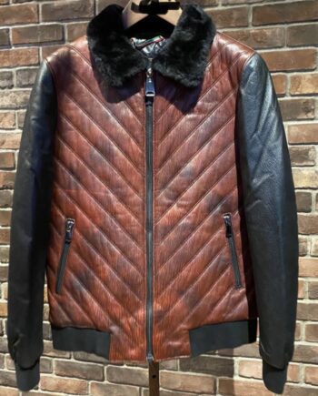 new leather bomber jacket for men, with a zip front, ribbed cuffs and hem, and side pockets. The jacket is black and has a shiny and smooth surface