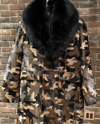 camouflage leather and pony hair coat with a detachable fur collar, four front pockets, and a zipper closure