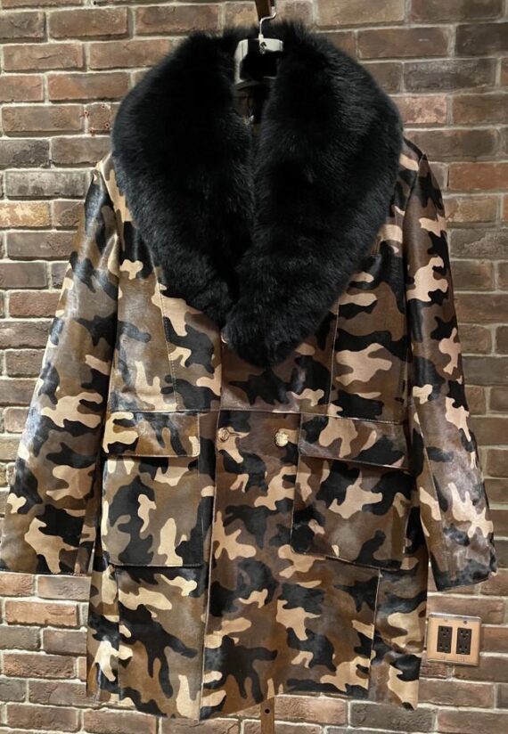 camouflage leather and pony hair coat with a detachable fur collar, four front pockets, and a zipper closure