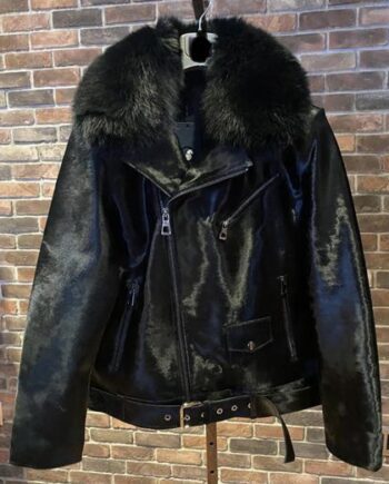 black leather jacket with a fur collar and cuffs, four front pockets, and a zipper closure